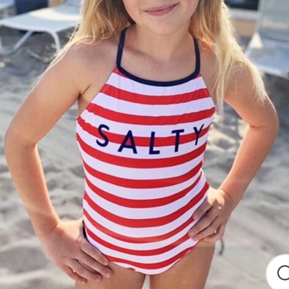 NWT Limeapple girls “SALTY” swimsuit. Red, white, blue. UPF 50